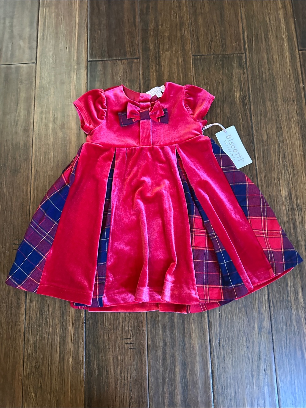 Biscotti Velvet Plaid Bow Dress - Bright Pink & Navy